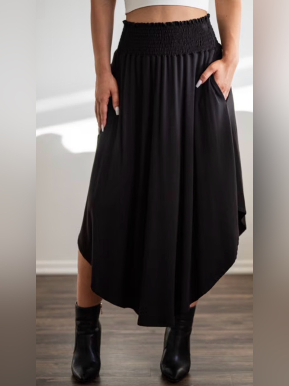 Black Smocked Waist Midi Skirt with Pockets